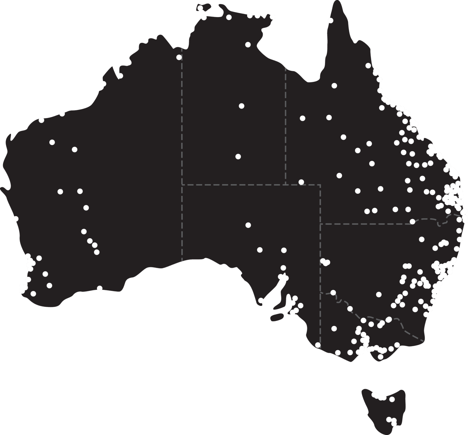 map of australia with 290 locations marked on it